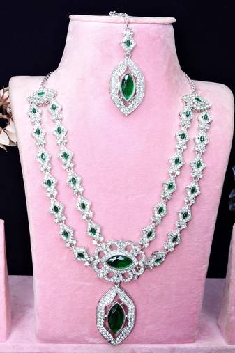 Green rhodium premium designer american diamond and stone work necklace set