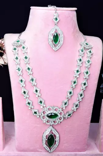 Green rhodium premium designer american diamond and stone work necklace set
