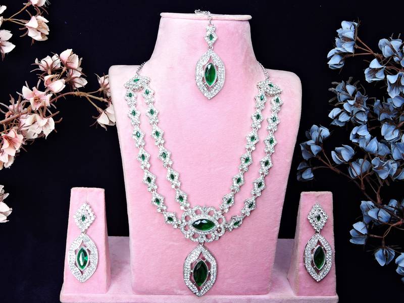 Green rhodium premium designer american diamond and stone work necklace set
