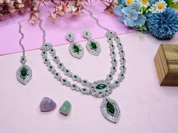 Green rhodium premium designer american diamond and stone work necklace set 2