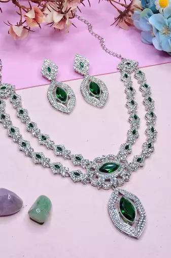 Green rhodium premium designer american diamond and stone work necklace set