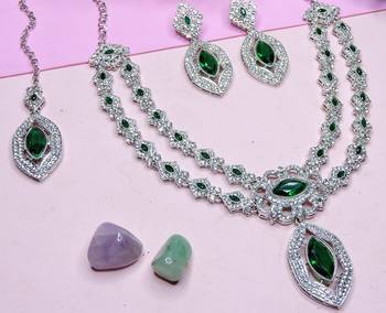 Green rhodium premium designer american diamond and stone work necklace set 3