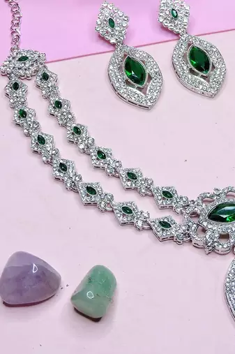 Green rhodium premium designer american diamond and stone work necklace set