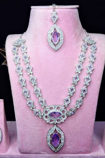 Purple rhodium premium designer american diamond and stone work necklace set
