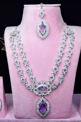 Purple rhodium premium designer american diamond and stone work necklace set