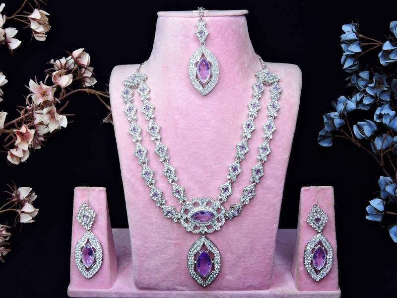 Purple rhodium premium designer american diamond and stone work necklace set