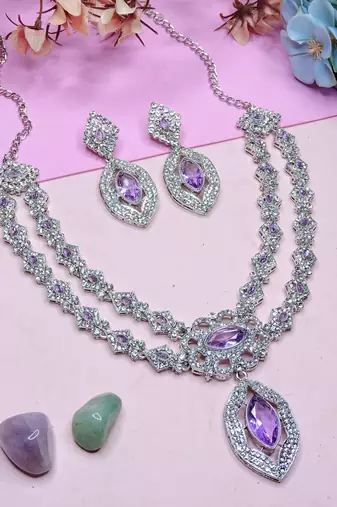 Purple rhodium premium designer american diamond and stone work necklace set