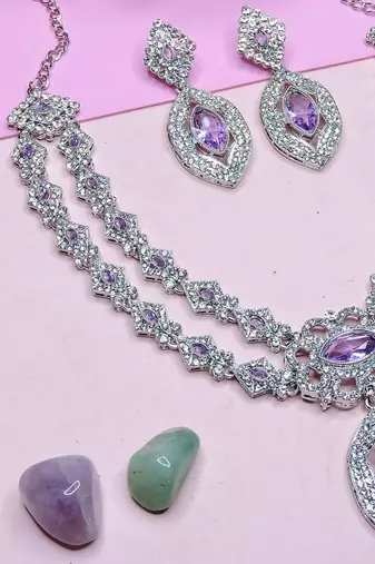 Purple rhodium premium designer american diamond and stone work necklace set