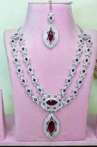 Maroon rhodium premium designer american diamond and stone work necklace set