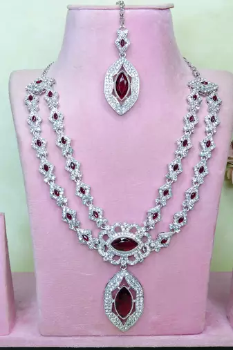 Maroon rhodium premium designer american diamond and stone work necklace set
