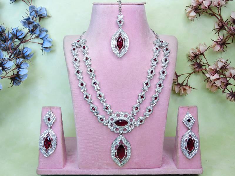 Maroon rhodium premium designer american diamond and stone work necklace set