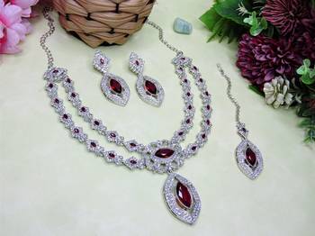 Maroon rhodium premium designer american diamond and stone work necklace set 2