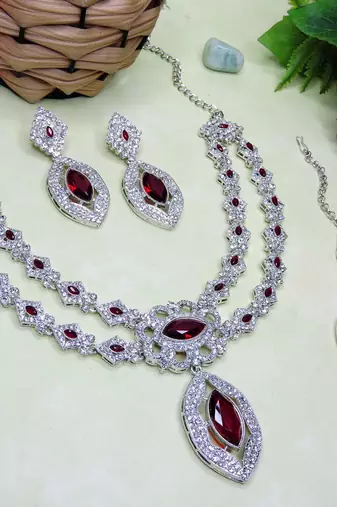 Maroon rhodium premium designer american diamond and stone work necklace set
