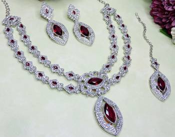 Maroon rhodium premium designer american diamond and stone work necklace set 3