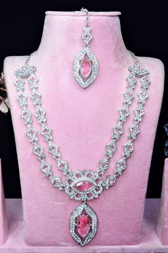 Pink rhodium premium designer american diamond and stone work necklace set