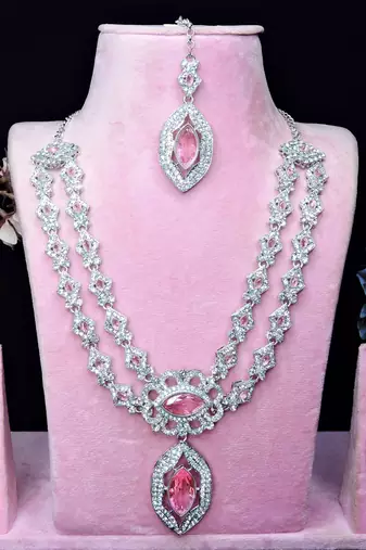 Pink rhodium premium designer american diamond and stone work necklace set