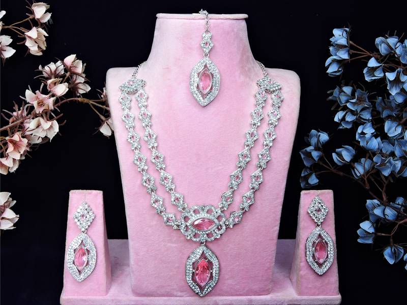 Pink rhodium premium designer american diamond and stone work necklace set