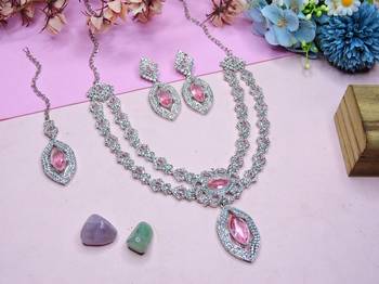 Pink rhodium premium designer american diamond and stone work necklace set 2