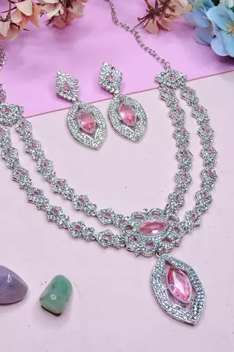Pink rhodium premium designer american diamond and stone work necklace set