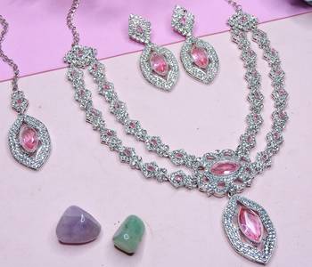 Pink rhodium premium designer american diamond and stone work necklace set 3