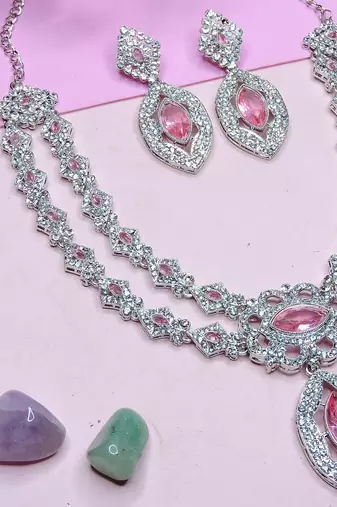 Pink rhodium premium designer american diamond and stone work necklace set