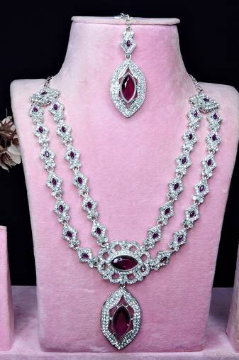 Purple rhodium premium designer american diamond and stone work necklace set