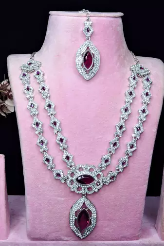 Purple rhodium premium designer american diamond and stone work necklace set
