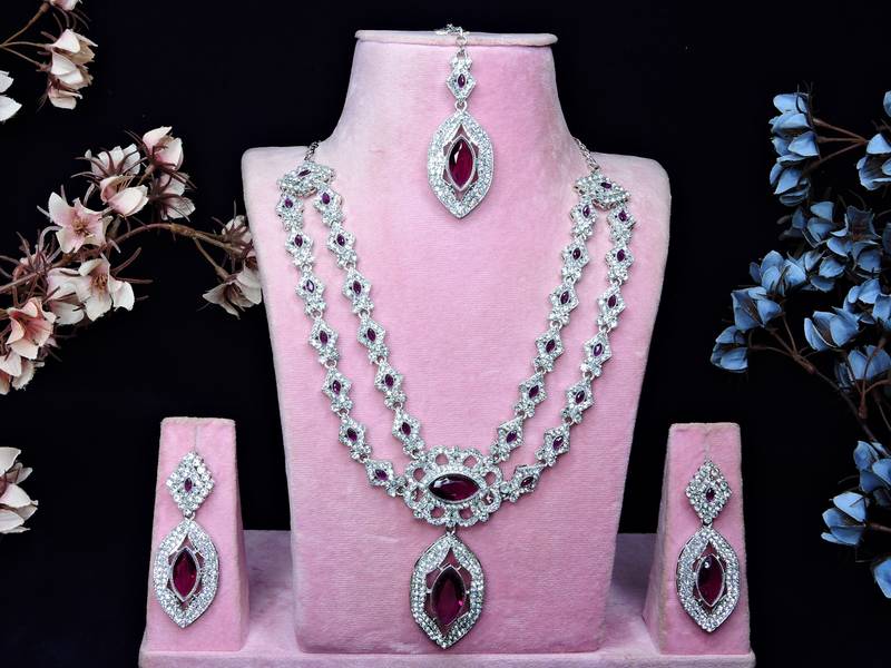 Purple rhodium premium designer american diamond and stone work necklace set