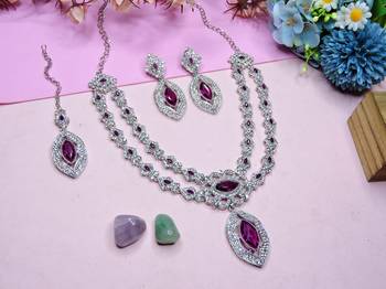 Purple rhodium premium designer american diamond and stone work necklace set 2