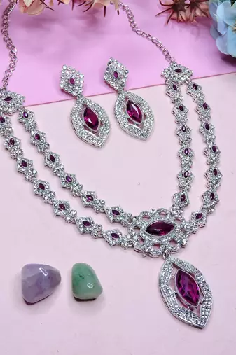 Purple rhodium premium designer american diamond and stone work necklace set