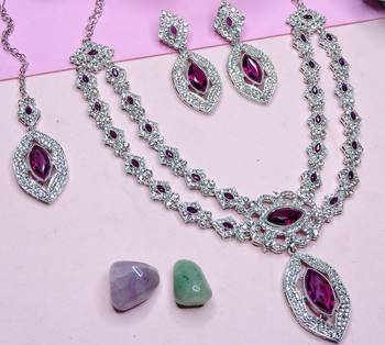 Purple rhodium premium designer american diamond and stone work necklace set 3