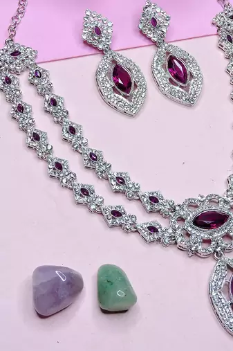 Purple rhodium premium designer american diamond and stone work necklace set