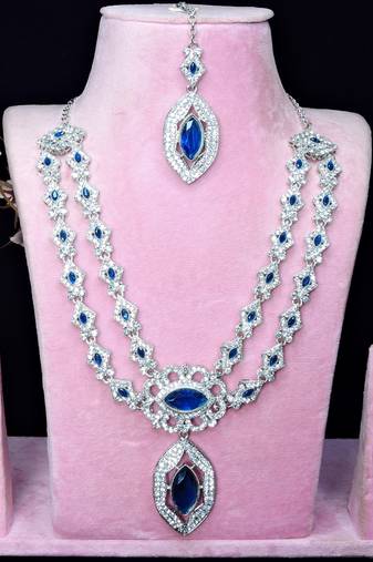 Blue rhodium premium designer american diamond and stone work necklace set