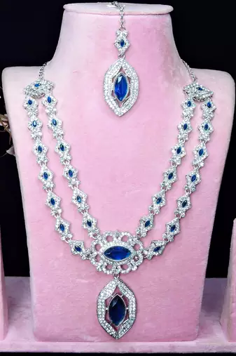 Blue rhodium premium designer american diamond and stone work necklace set