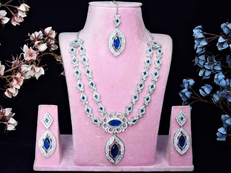 Blue rhodium premium designer american diamond and stone work necklace set
