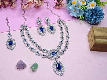 Blue rhodium premium designer american diamond and stone work necklace set 2