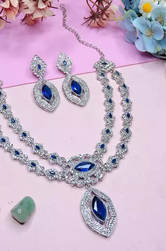 Blue rhodium premium designer american diamond and stone work necklace set