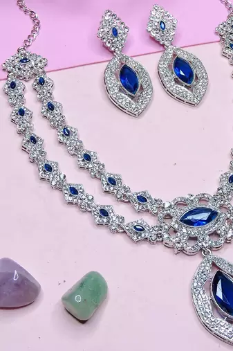 Blue rhodium premium designer american diamond and stone work necklace set