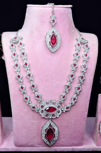 Pink rhodium premium designer american diamond and stone work necklace set
