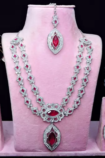 Pink rhodium premium designer american diamond and stone work necklace set