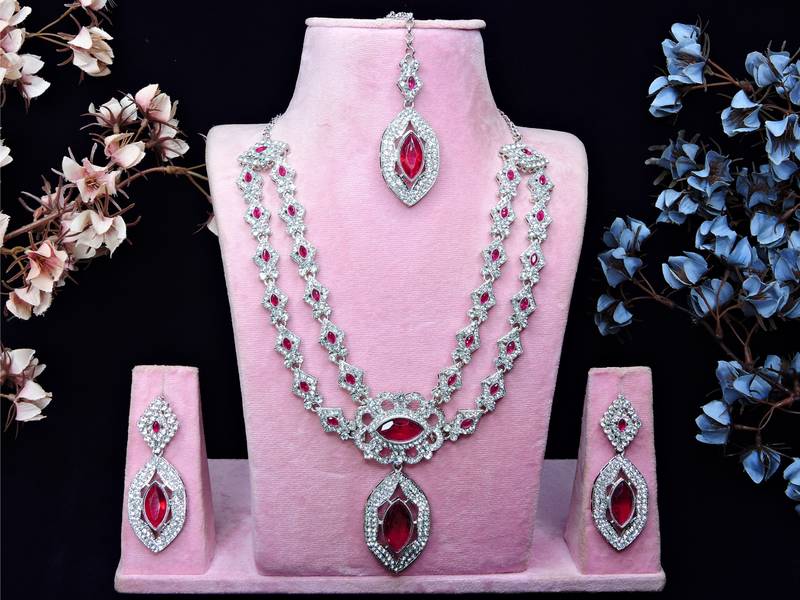 Pink rhodium premium designer american diamond and stone work necklace set