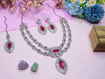Pink rhodium premium designer american diamond and stone work necklace set 2