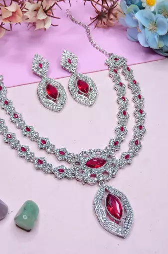 Pink rhodium premium designer american diamond and stone work necklace set