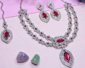 Pink rhodium premium designer american diamond and stone work necklace set 3