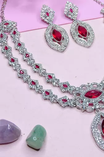 Pink rhodium premium designer american diamond and stone work necklace set