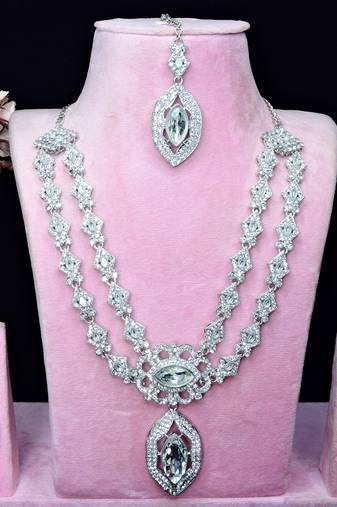 White rhodium premium designer american diamond and stone work necklace set