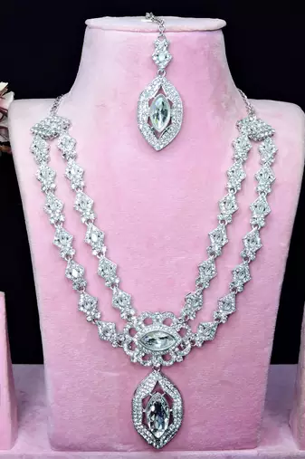 White rhodium premium designer american diamond and stone work necklace set