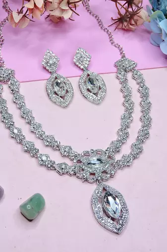 White rhodium premium designer american diamond and stone work necklace set