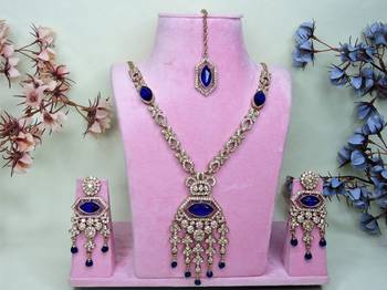 Blue yellow gold premium designer american diamond and stone work necklace set 1