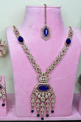Blue yellow gold premium designer american diamond and stone work necklace set